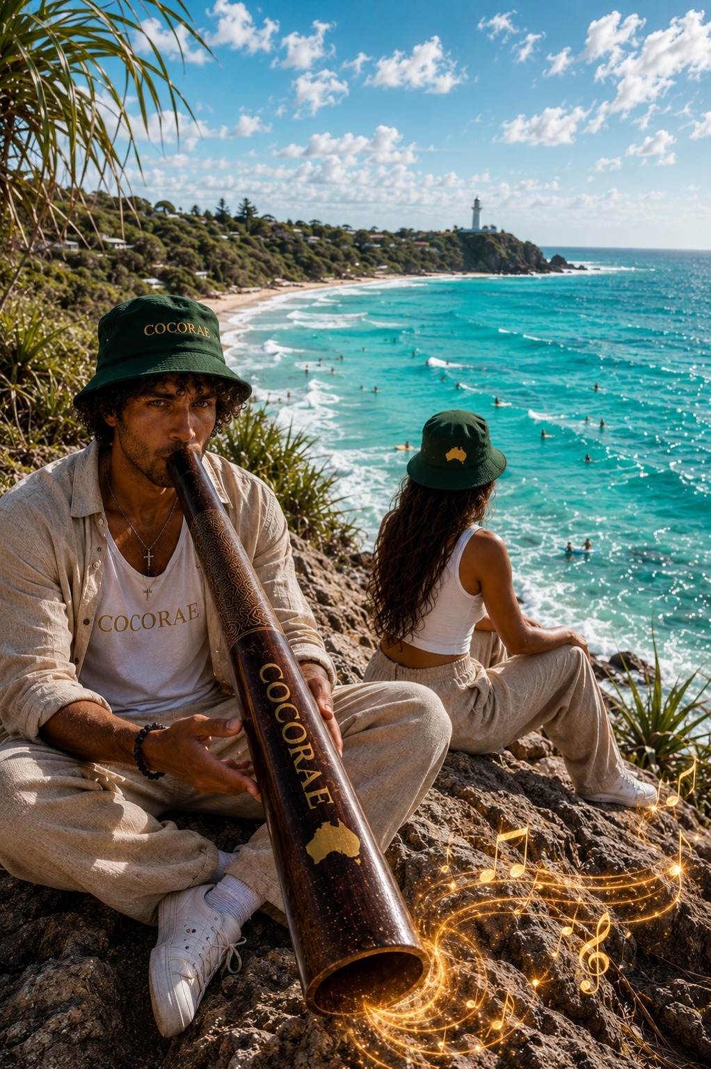 Kai with his didgeridoo and Ellie beside the coast